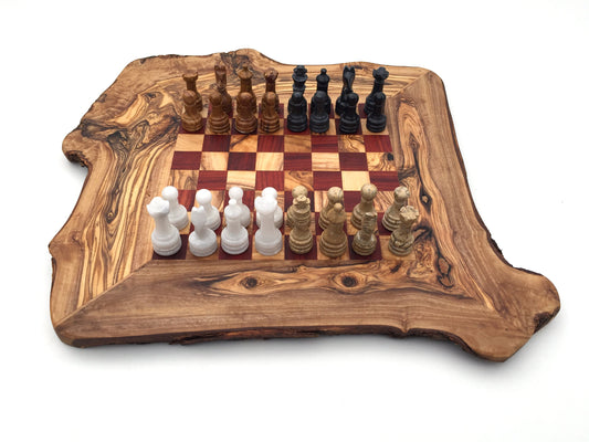 Schachspiel rustikal Olivenholz Schachbrett Gr. M inkl. 32er  Schachfiguren aus Marmor