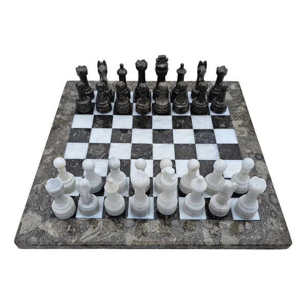 Marmor Schachspiel Schachbrett 16 Zoll/ 36,5 cm inkl. 32er Schachfiguren Farbe Anthrazit Beige - Weiss