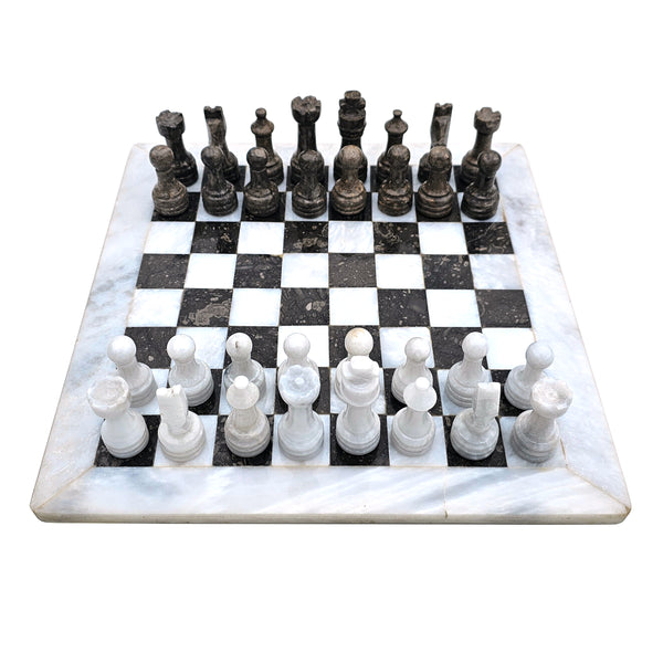 Marmor Schachspiel Schachbrett 12 Zoll/ 30 cm inkl. 32er Schachfiguren Farbe Weiss - Anthrazit Beige