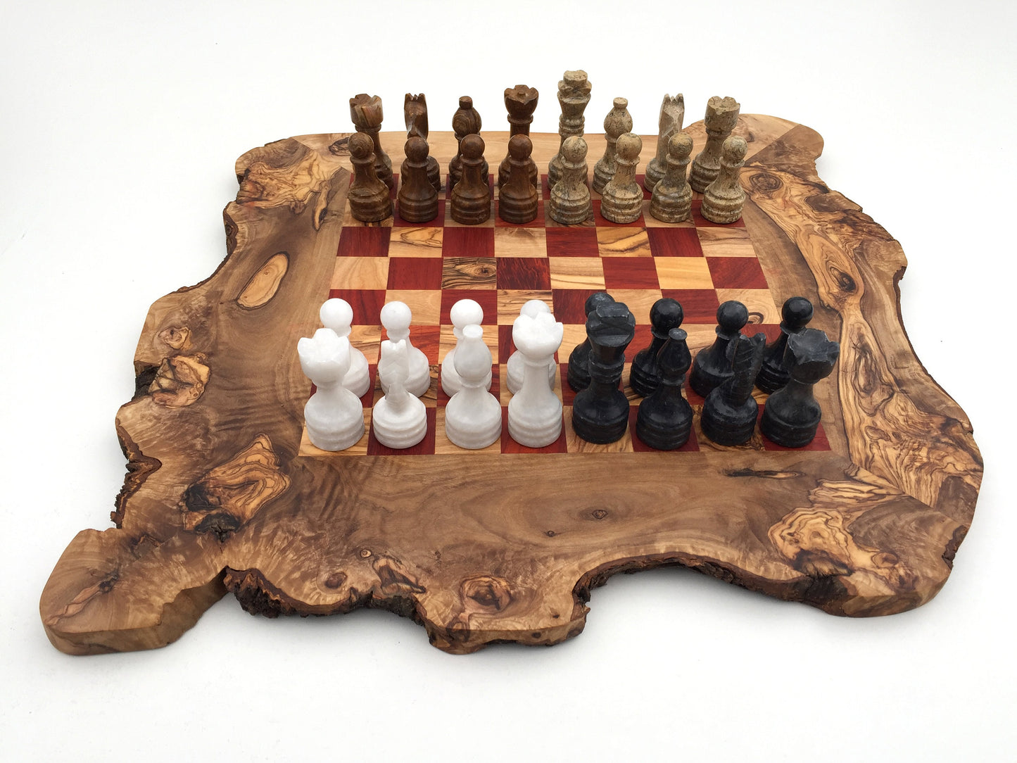 Schachspiel rustikal aus Olivenholz Schachbrett Gr. L inkl. 32 Schachfiguren aus Marmor Farbe wählbar Naturprodukt Handarbeit Geschenkidee