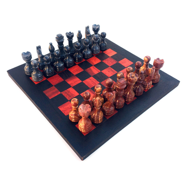 Schachspiel gerade Kante, Schachbrett Größe wählbar inkl. 32 Schachfiguren aus Marmor Handgemacht aus Wenge und rotes Holz