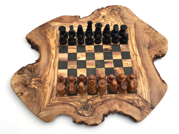 Schachspiel rustikal, Schachbrett Gr. M inkl. Schachfiguren, aus Olivenholz, in Handarbeit, Geschenk.