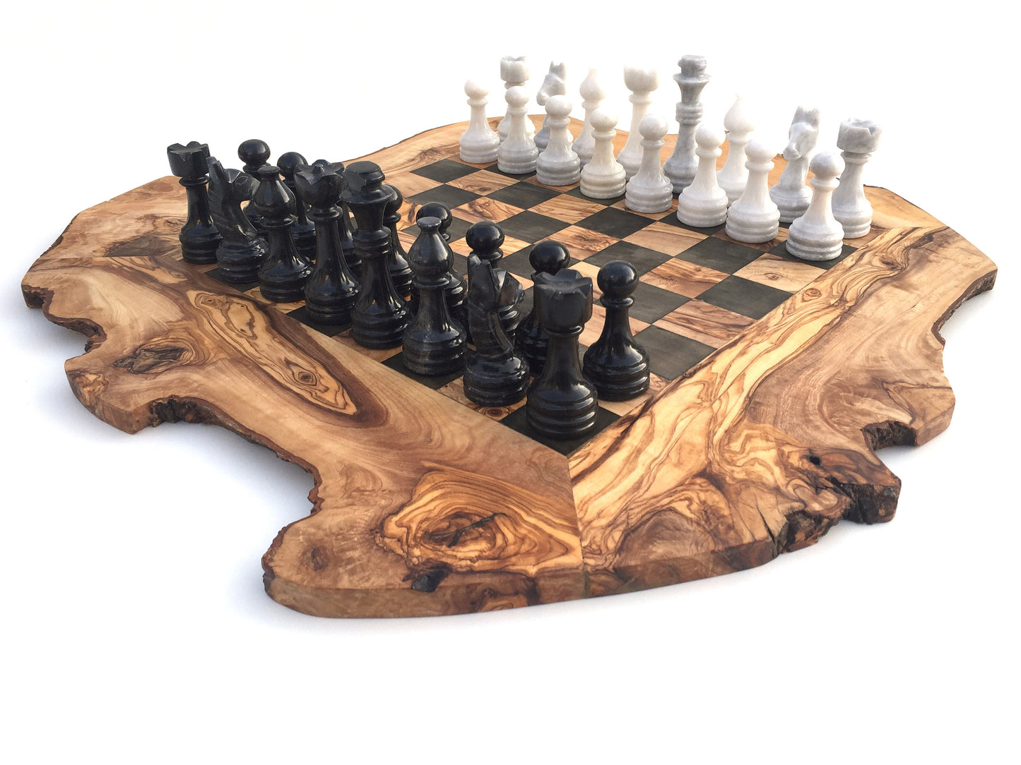 Schachspiel rustikal aus Olivenholz Schachbrett Gr. XL inkl. 32er Schachfiguren aus Marmor