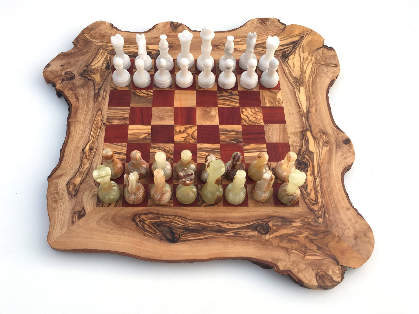 Schachspiel rustikal aus Olivenholz Schachbrett Gr.L inkl.32er Schachfiguren aus Onyx Marmor