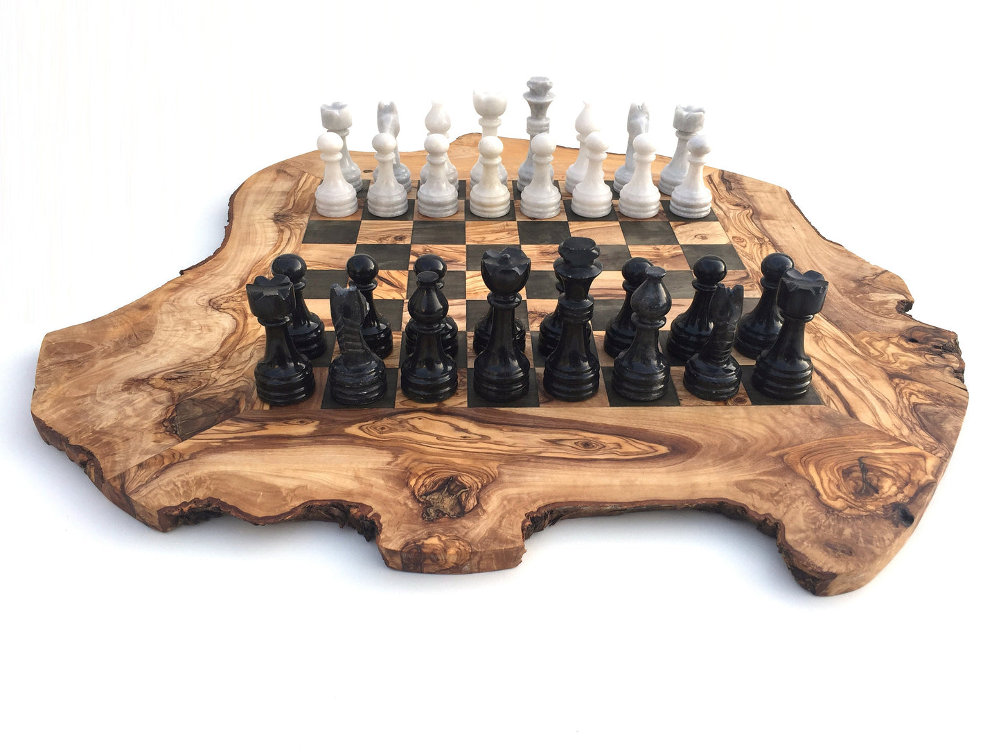 Schachspiel rustikal aus Olivenholz Schachbrett Gr. XL inkl. 32er Schachfiguren aus Marmor
