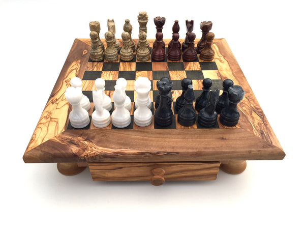 Schachspiel gerade Kante aus Olivenholz Schachtisch Gr. L inkl. 32er Schachfiguren aus Marmor