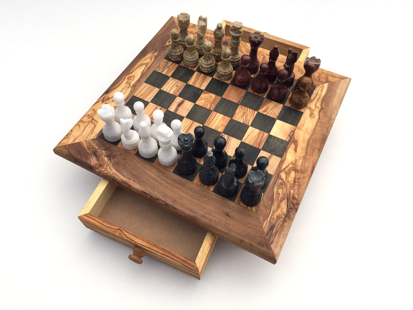 Schachspiel gerade Kante aus Olivenholz Schachtisch Gr. L inkl. 32er Schachfiguren aus Marmor
