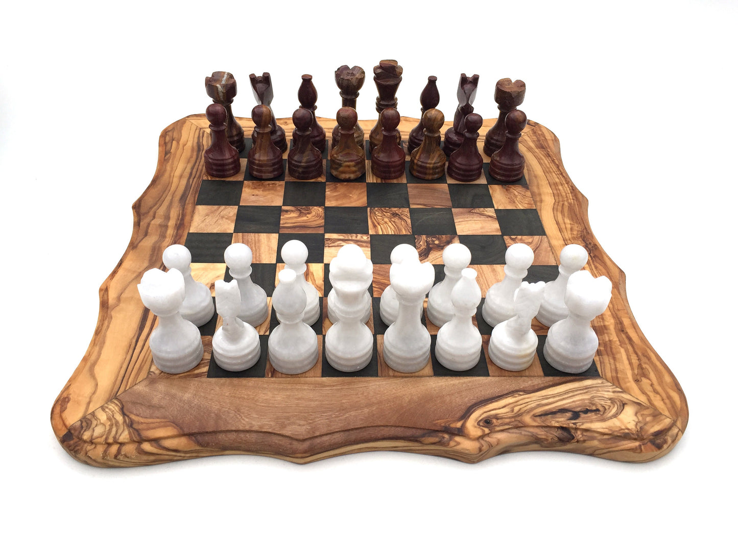Schachspiel abgerundete Kante Olivenholz Schachbrett Gr. L inkl. 32er  Schachfiguren aus Marmor
