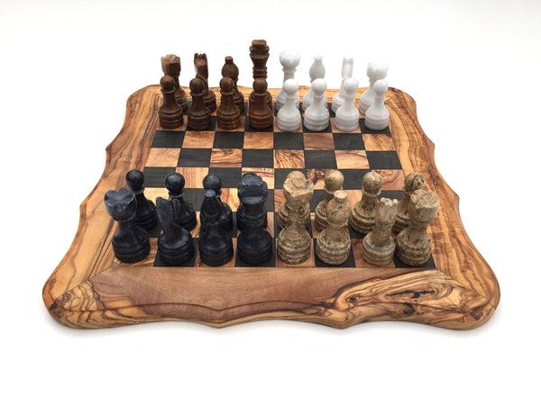 Schachspiel abgerundete Kante Olivenholz Schachbrett Gr. L inkl. 32er  Schachfiguren aus Marmor