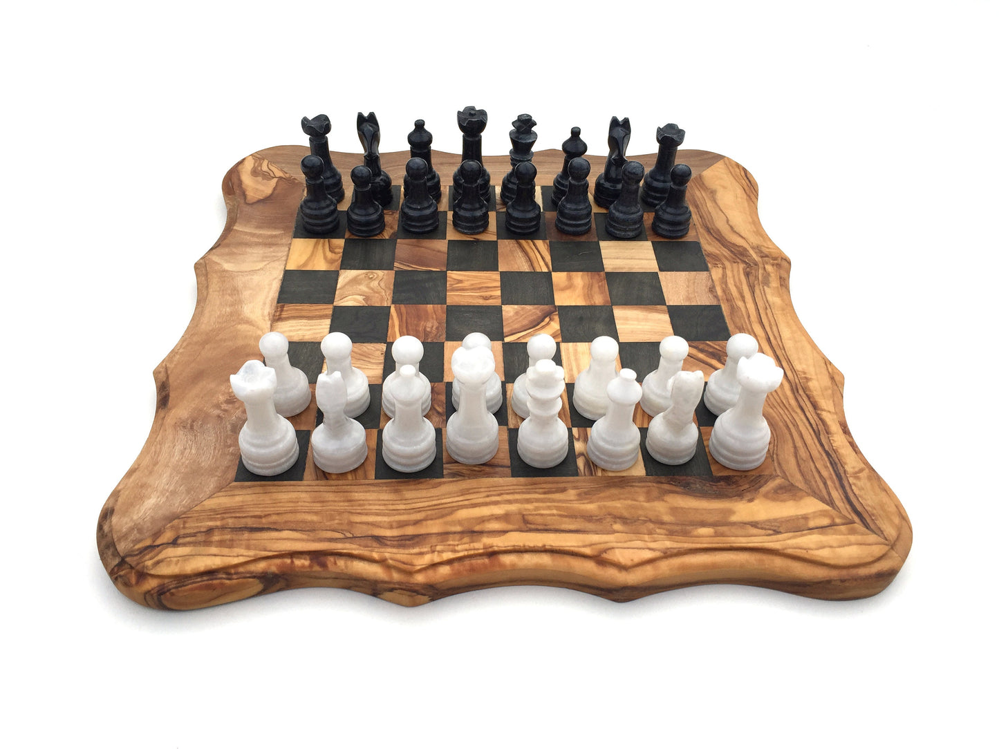 Schachspiel abgerundete Kante Olivenholz Schachbrett Gr. M inkl. 32er  Schachfiguren aus Marmor