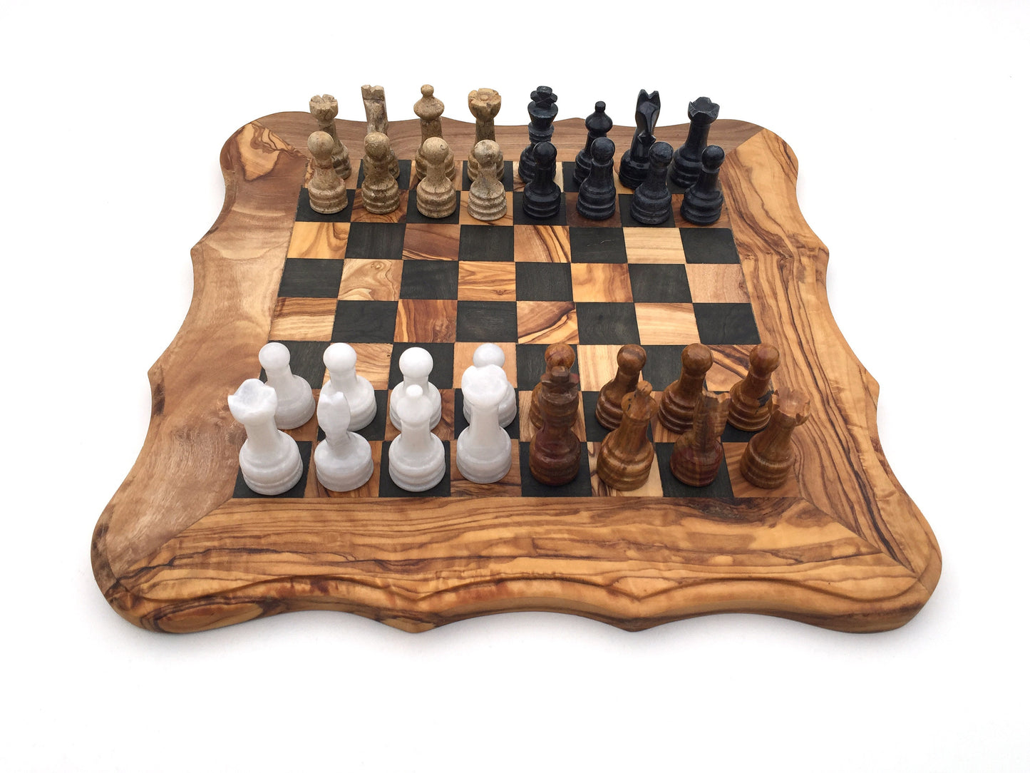 Schachspiel abgerundete Kante Olivenholz Schachbrett Gr. M inkl. 32er  Schachfiguren aus Marmor