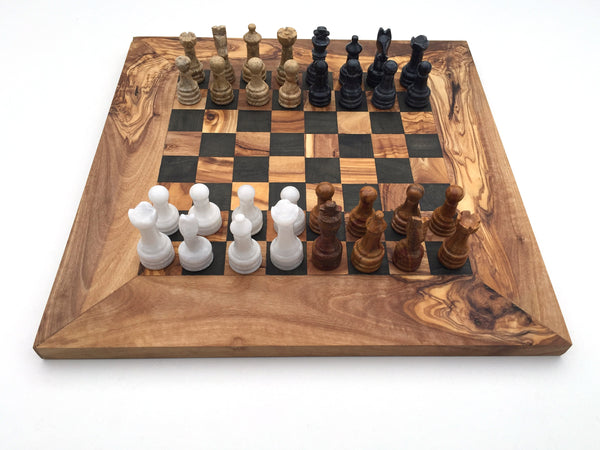 Schachspiel gerade Kante Olivenholz Schachbrett Gr. M inkl. 32er  Schachfiguren aus Marmor