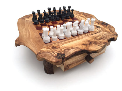 Schachspiel rustikal aus Olivenholz Schachtisch Gr. M inkl. 32 Schachfiguren aus Marmor