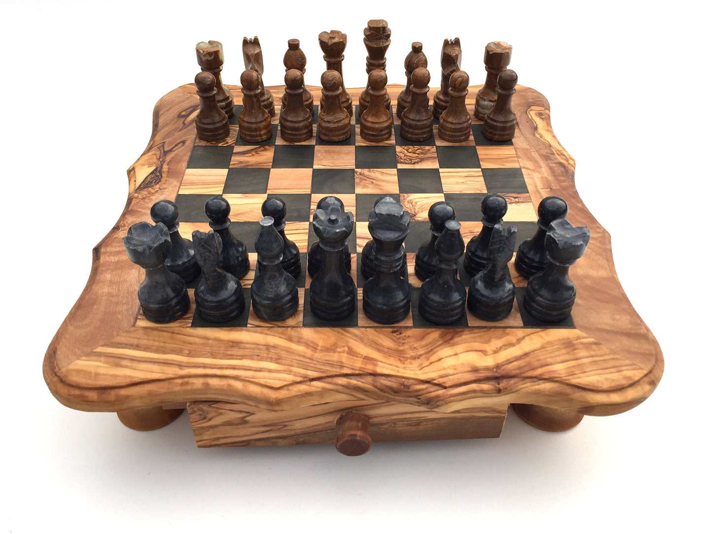 Schachspiel abgerundete Kante aus Olivenholz Schachtisch Gr. L inkl. 32er Schachfiguren Marmor