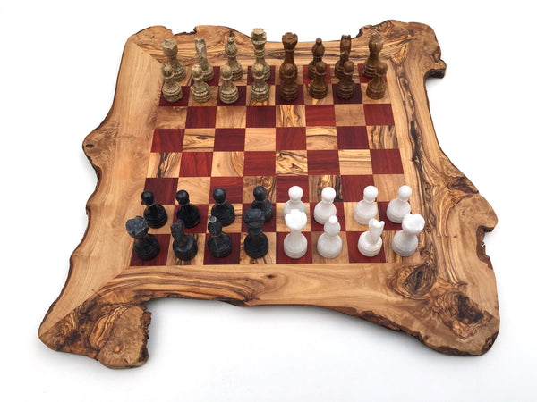 Schachspiel rustikal aus Olivenholz Schachbrett Gr. XL inkl. 32 Schachfiguren aus Marmor
