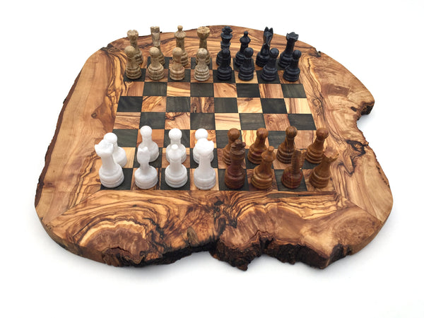 Schachspiel rustikal Olivenholz Schachbrett Gr. M inkl. 32er  Schachfiguren aus Marmor
