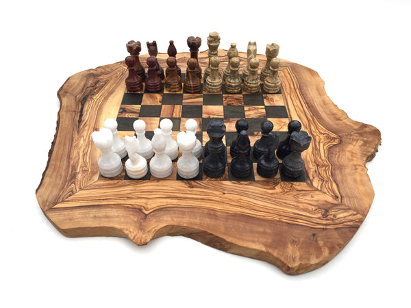 Schachspiel rustikal aus Olivenholz Schachbrett Gr. L inkl. 32 Schachfiguren aus Marmor