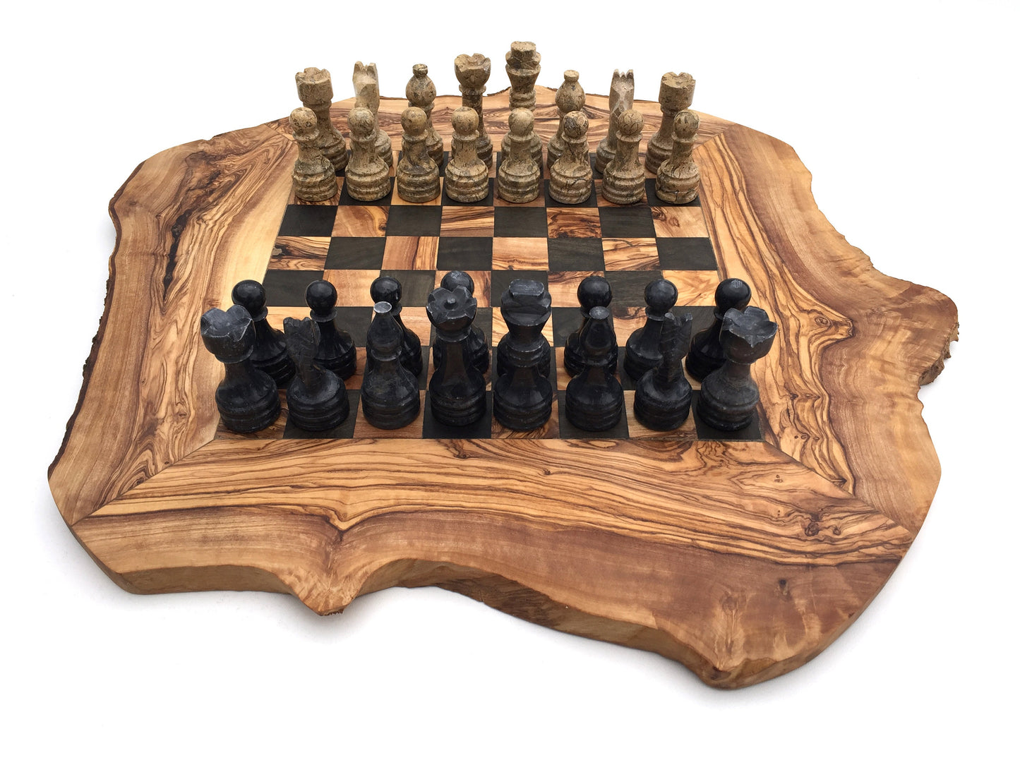 Schachspiel rustikal aus Olivenholz Schachbrett Gr. L inkl. 32 Schachfiguren aus Marmor